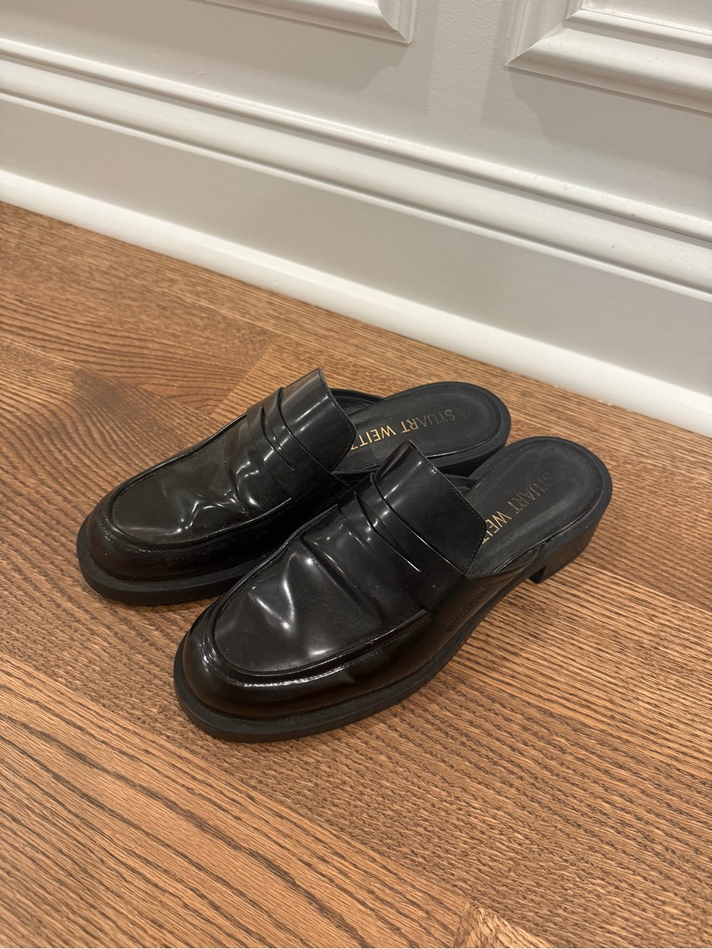 Stuart Weitzman Black Leather Penny Loafer Slip-On Mules
